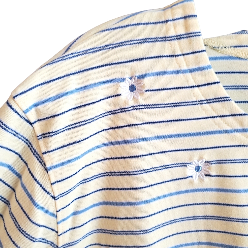 90s Y2K tee shirt floral striped scoop neck 3/4 sleeve casual yellow blue wm XL